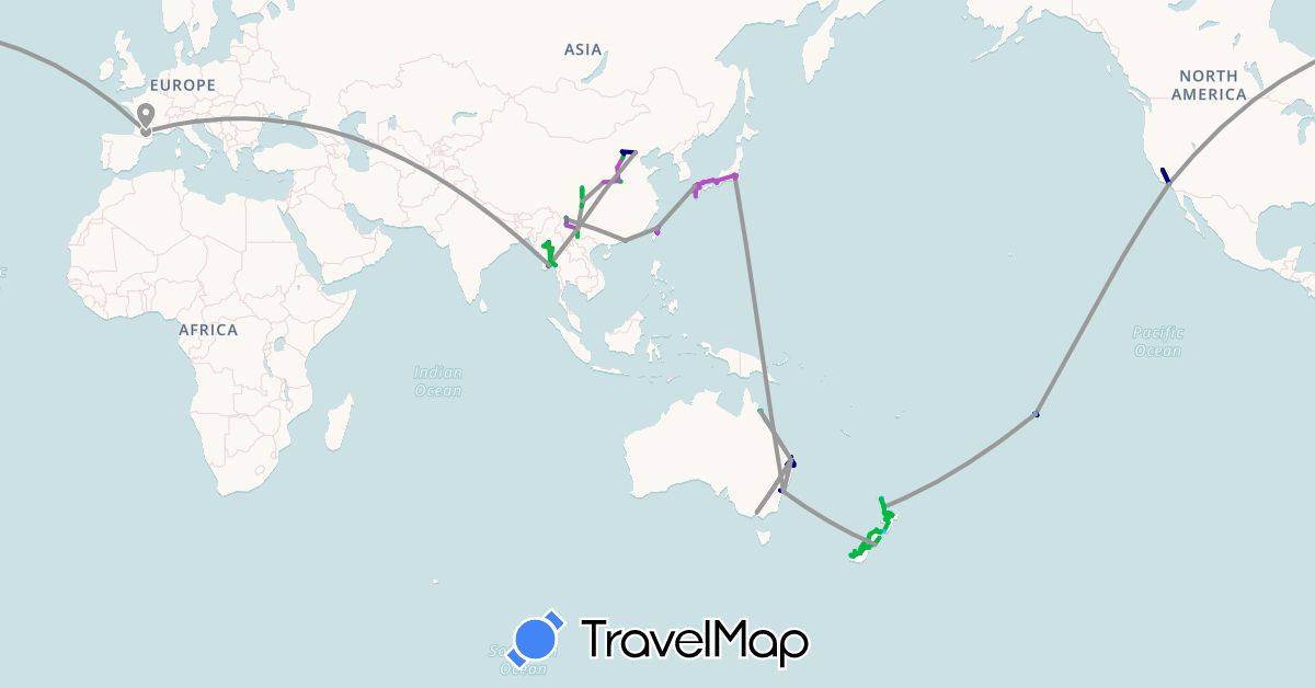 TravelMap itinerary: driving, bus, plane, train, hiking, boat, motorbike in Australia, China, France, Hong Kong, Japan, Myanmar (Burma), New Zealand, French Polynesia, Taiwan, United States (Asia, Europe, North America, Oceania)